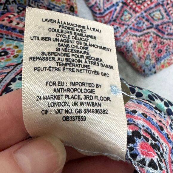 Maeve Anthropologie Top Womens 6 Blue Pink Mixed Print Silk Back Button Closure - Picture 6 of 10
